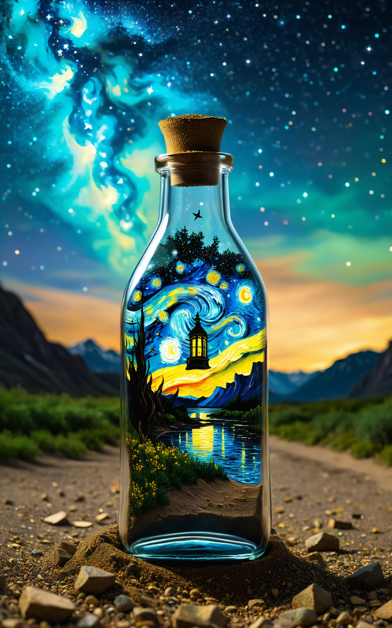 04070-3870725856-Starry sky Van Gogh painting trapped inside a hourglass bottle. Color and starry skies spilling out of the bottle and pooling on.png